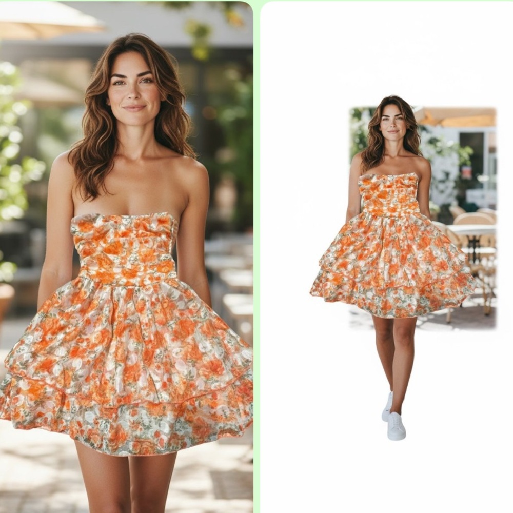 SHEIN  Orange Floral Tiered Mini Dress Women’s Size S (US 4 / EU 36)